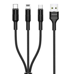 Cablu de încărcare USB USAMS U5 3 în 1, negru, cu conectori Lightning, Micro USB și USB-C - Cabluri Lightning