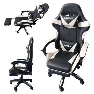 Krzesło gamingowe PRO-X COMFORT z funkcją masażu i podnóżkiem, czarno-białe