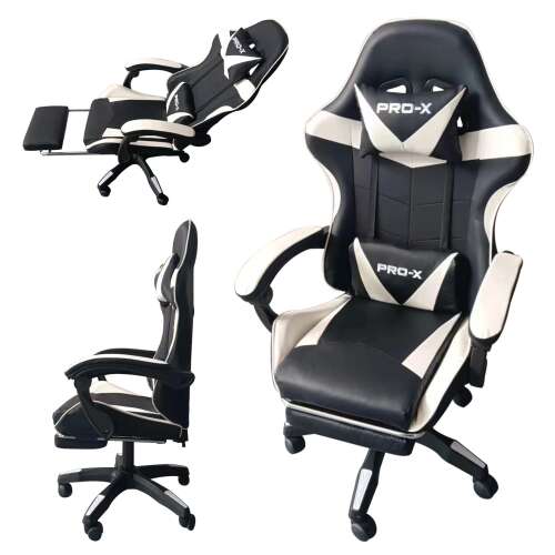 PRO-X COMFORT gamer chair with massage function and footrest, black and white