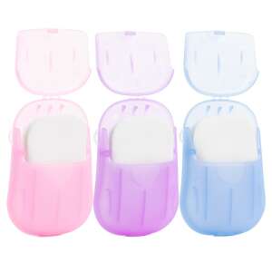 3 pack of portable soap sheets in pink, purple and blue containers - EALMEU
