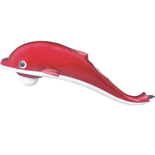 Red Dolphin shaped electric massage hammer with infrared heat, 3 interchangeable heads, for back, neck, shoulders, legs, and body