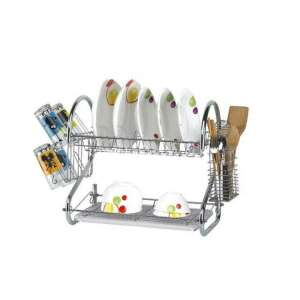 Stainless steel dish drying rack with two tiers, a drip tray, and a cutlery holder - Dish Rack