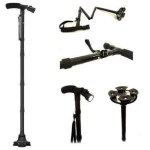 Collage of the Trusty Cane, a foldable walking stick with a built-in flashlight and pivoting base - Sétabot