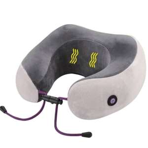 Neck massager pillow with memory foam and vibration function, grey and white color, with on/off button - Neck massager