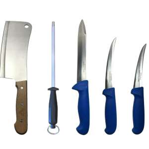 Butcher knife set, 5 pieces, includes cleaver, boning knife, sharpening steel, and two flexible knives - Kitchen Knife