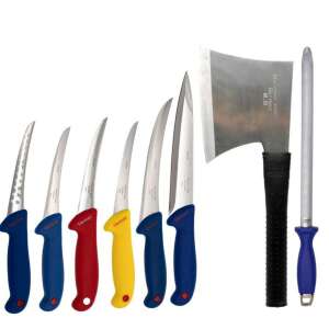 Set of 8 professional butcher knives, including a cleaver, a sharpening steel, and 6 different knives with colored handles - Kitchen Knife