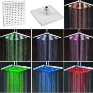 Square LED shower head with multicolor lights, showing different color variations and close-up of the shower head - Shower head