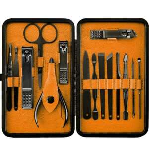 Black manicure and pedicure set with 15 pieces, including nail clippers, tweezers, scissors, and cuticle pusher, in a black and orange case - Manicure set