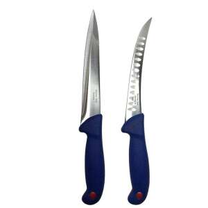 Set of 2 professional butcher knives, one straight and one curved, with blue handles - Kitchen Knife