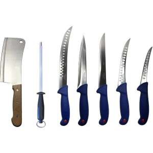 Butcher-7PCS Professional Butchers Set, 5 knives, cleaver and steel, German steel, blue handles - Kitchen Knife