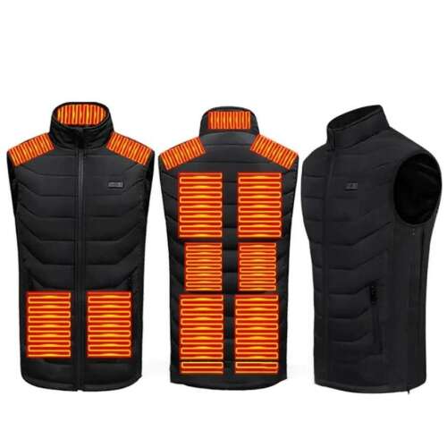 Heated vest with 11 heating zones, unisex, black, front, back, side views