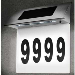 Solar powered house number sign with LED lights, illuminated house number 9999, modern design, stainless steel, easy to install - House Number Plate