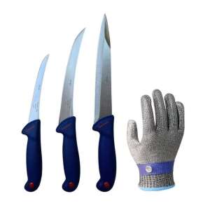 Set of 3 professional butcher knives with a stainless steel meat cleaver, boning knife, and filleting knife, plus a size XL cut-resistant glove - Kitchen Knife