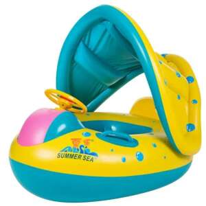 Summer Sea inflatable boat with canopy, steering wheel and footrest for kids, yellow and blue, boat model - Baby Swim Ring