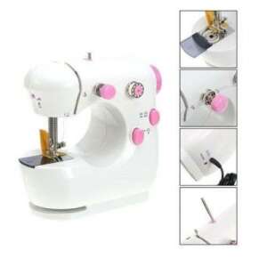 Lewing Machine portable sewing machine, white with pink accents, collage showing different angles and features - Sewing Machine