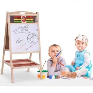Kids double-sided easel with chalkboard and whiteboard, wooden frame, abacus, storage shelves, and a clock - Drawing Boards, Writing Board