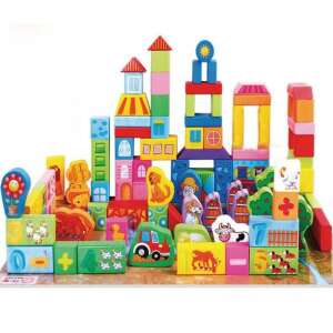 Set of 100 wooden building blocks for kids, featuring farm animals, numbers, and colorful designs - Creative & Building Toy