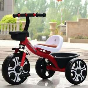 Red tricycle with black basket and white seat, for toddlers, with pedals - Tricycle