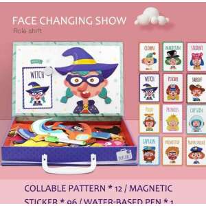 Magnetic portable board game with 96 pieces and 12 cards, create characters, face changing show, role shift, witch, clown, magician, student, teacher, police officer, sheriff, pilot, princess, captain, primitive, traffic police, magnetic sticker, water-based pen, foldable board, handle, portable, for kids 3 years and up - Developmental Toy for Preschooler