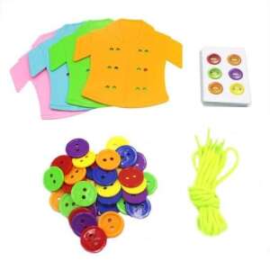Educational button threading game for kids, featuring colorful buttons, shirts, and laces - Developmental Toy for Preschooler
