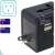 Close-up of the universal travel adapter with dual USB ports, black