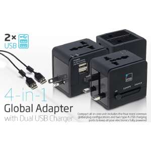 Universal travel adapter with dual USB ports, black - Network Adapter
