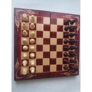 Handmade wooden chess, backgammon, and checkers set, 38x38cm, open board with pieces - Domino, Chess Set