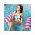 Woman relaxing on the pink and white striped inflatable pool float in a pool