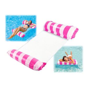 Strandágy pink and white inflatable pool hammock with usage examples. - Pool and Beach Toy