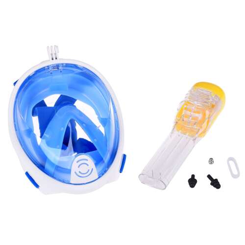 Mască de snorkeling cu față completă cu snorkel, albastru și alb, mărime S/M