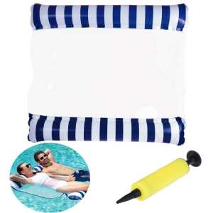 Inflatable pool lounger with mesh, blue and white stripes, 2 person, includes pump - Inflatable Toy & Beach Toy