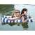 Couple relaxing on a blue and white striped inflatable pool hammock