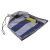 Blue and white striped inflatable pool hammock in a mesh bag with pump