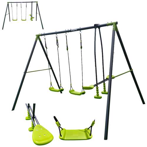 Pepita Deluxe 4 személyes kerti acél hintaállvány hintákkal, lime-fekete színben, minden alkatrész és használati példa látható