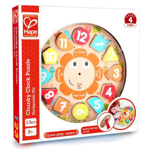 Hape Chunky Clock Puzzle, Holz-Uhr-Spielzeug für Kinder, Formen sortieren, Zeit lernen, 13 Teile, 3+ Jahre