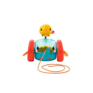 Jucărie Fisher-Price Pull-Along Elephant, un elefant albastru cu un pui galben deasupra, care se rostogolește pe roți roșii - Mattel