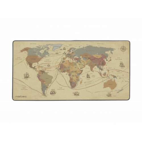 Natec Discoveries Maxi 800x400mm mousepad with world map design, showing the full surface.