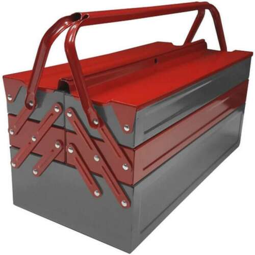 Piros és szürke fém szerszámos láda, fogantyúval, 3 rekeszes