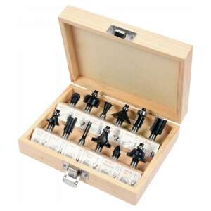 VOREL 12-teiliges 8 mm Fräser-Set in einer Holzkiste mit den Fräsern darin angeordnet - Vorel