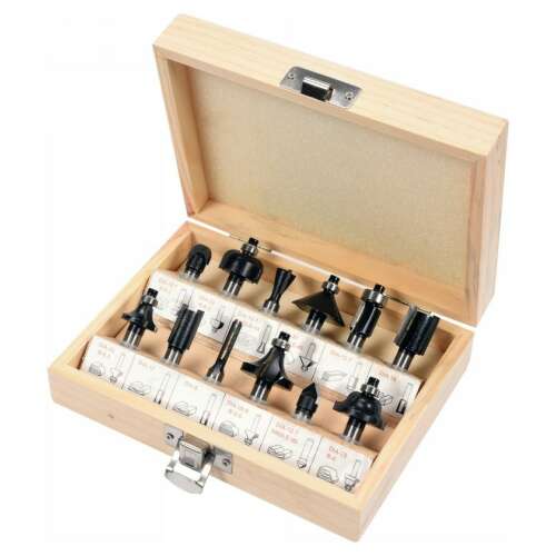 VOREL 12-teiliges 8 mm Fräser-Set in einer Holzkiste mit den Fräsern darin angeordnet