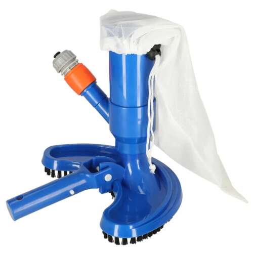 Blue pool vacuum cleaner with reusable bag, brush and hose connection