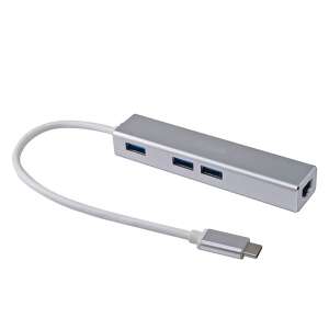 Equip USB-C 3 port USB 3.0 hub Gigabit adapterrel, ezüst, 3 USB port, Ethernet port - Equip
