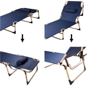 Collage of the <product_name>Összecsukható turista ágy Kanada 193 cm tengerészkék folding camping bed showing different positions and features - Camping & Hiking
