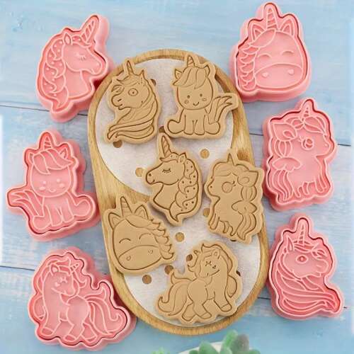 Unikornis sütemény kiszúrók, 6 darabos szett, különböző minták, műanyag, sütéshez, díszítéshez, fondanthoz, marcipánhoz, tortához