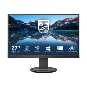 Front view of the Philips 276B9 IPS monitor, showcasing its 27-inch screen and features like wide viewing angle, Quad HD resolution, Windows Hello compatibility, flicker-free technology, and LowBlue Mode. - Monitor