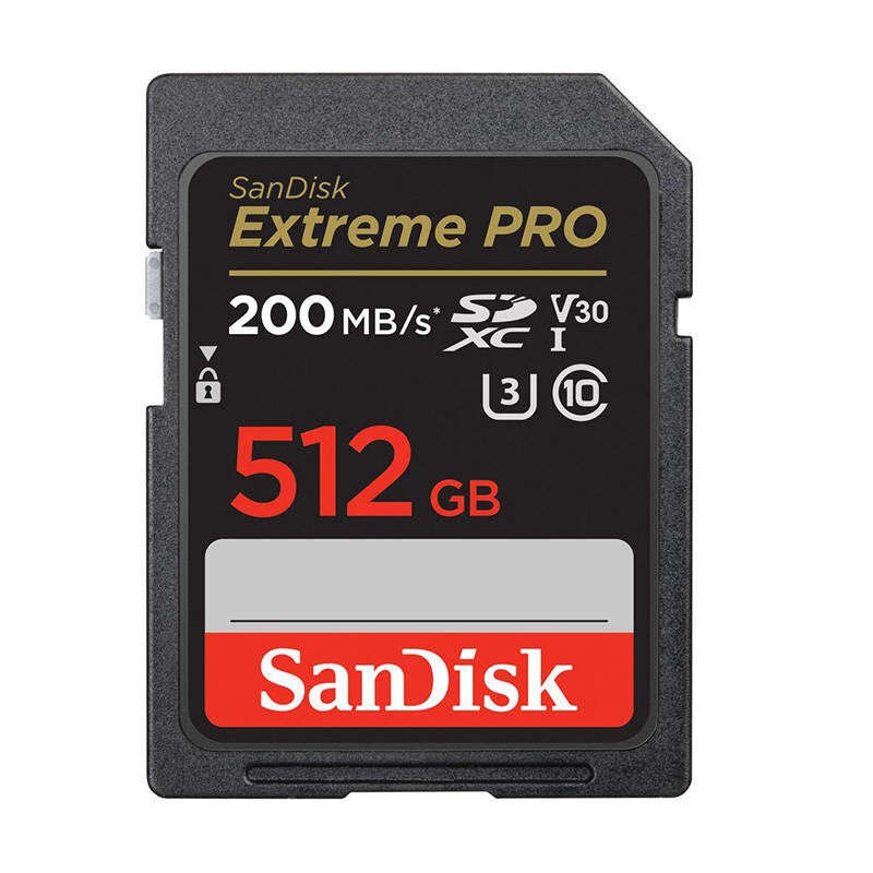 Sandisk extreme pro memóriakártya, 512 gb, sdxc, 200 mb/s & 140 mb/s read/write speeds, uhs-i, class 10, u3, v30