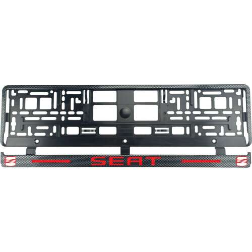 Fekete szénszálas kinézetű SEAT rendszámtábla keret piros SEAT logóval
