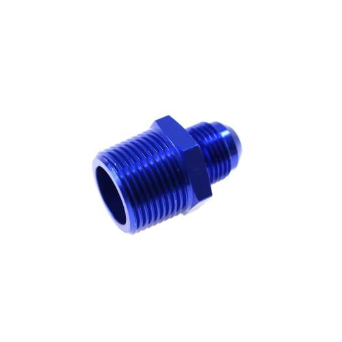 Blue aluminum AN8 to 3/4 NPT adapter fitting