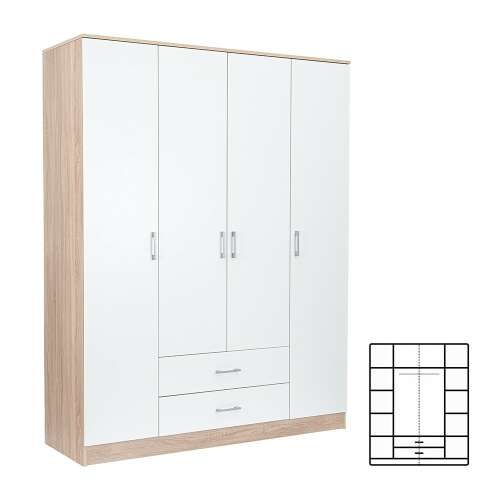 Miami Kleiderschrank 160x205 cm weiß-sonoma eiche, 4 Türen, 2 Schubladen