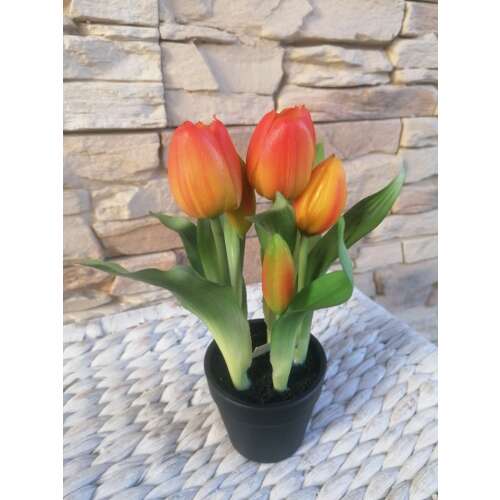 Tulipán Művirág 5 szálas virágcserépben 22cm #narancs